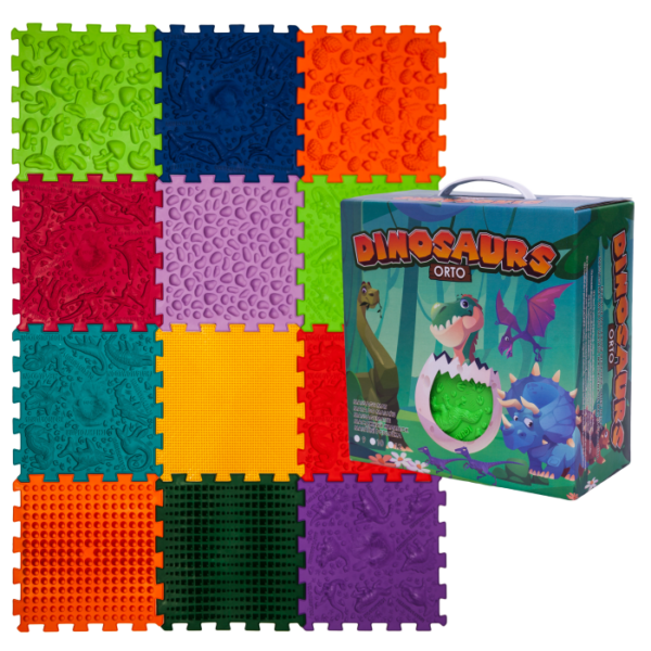 Covoras ortopedic pentru masaj Ortek Dinozauri Puzzle-uri 12 elemente + 8 triunghiuri