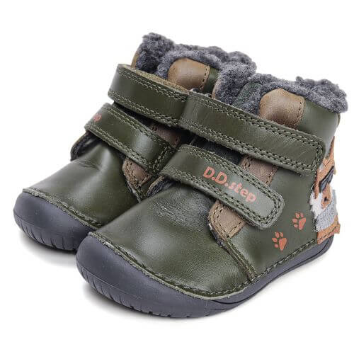 Ghete copii baieti Barefoot din piele imblanite DD Step, Verde – W070-52893A
