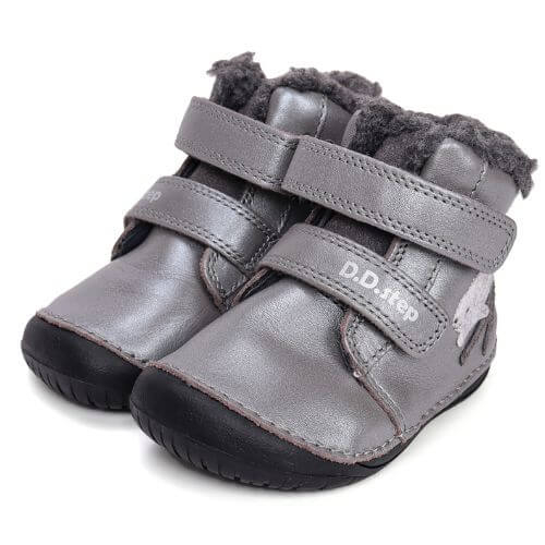 Ghete copii fete Barefoot din piele imblanite DD Step, Argintiu – W070-52214A