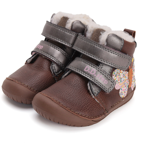 Ghete copii fete Barefoot din piele imblanite DD Step, Maro – W070-42522A