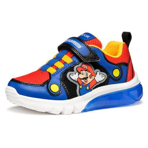 Pantofi copii baieti din material sintetic si textil Geox cu LED, personaj Mario, Albastru – J55LBF_01454_C0833