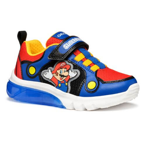 Pantofi copii baieti din material sintetic si textil Geox cu LED, personaj Mario, Albastru – J55LBF_01454_C0833