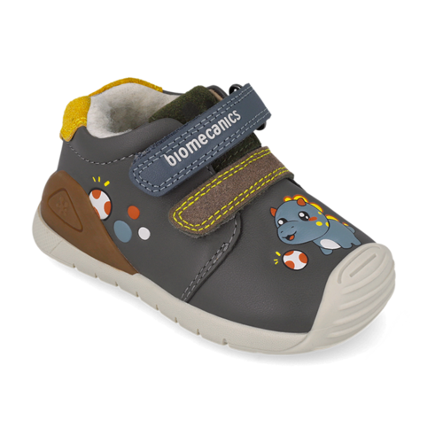 Ghete baieti din piele imblanite Biomecanics Biogateo Casual, Gri/Dinozaur Toy – 261128-B213FB